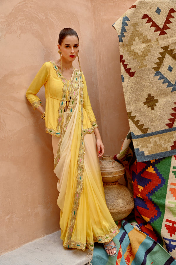 Butterscotch yellow ombre saree with kurti blouse.