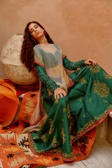 Fawn sheer sac cape with churidar full sleeve blouse and sharara