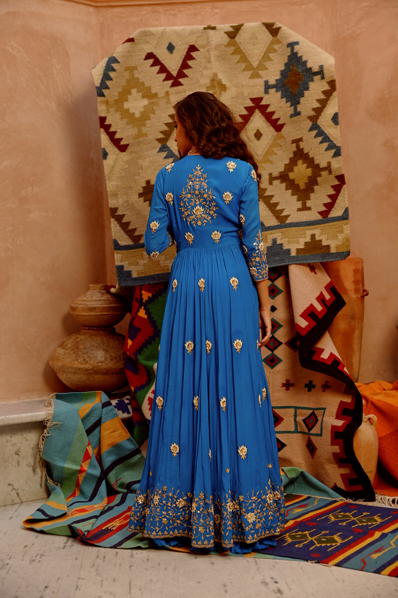 Cobalt Blue front open anarkali Jacket set with pant and dupatta