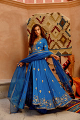 Cobalt Blue front open anarkali Jacket set with pant and dupatta