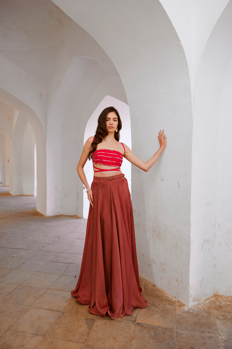 Gulbahar Red Bandeau string top with stripe skirt and belt set