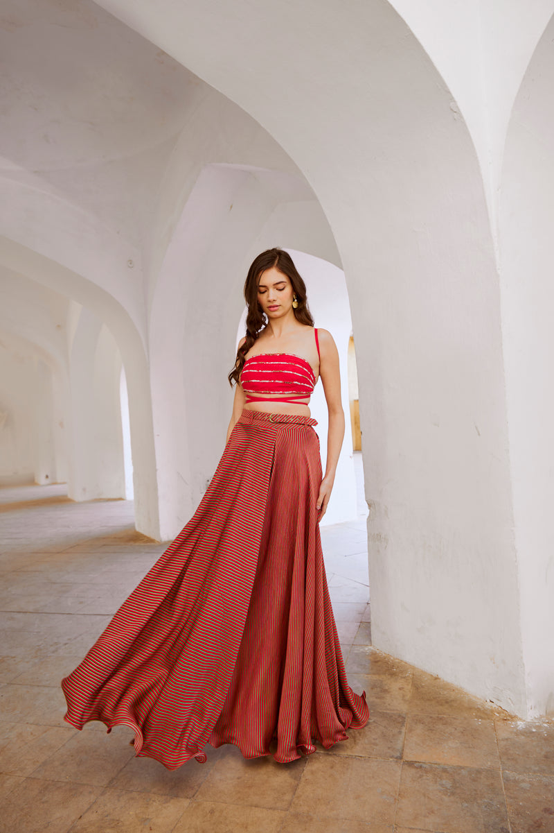 Gulbahar Red Bandeau string top with stripe skirt and belt set