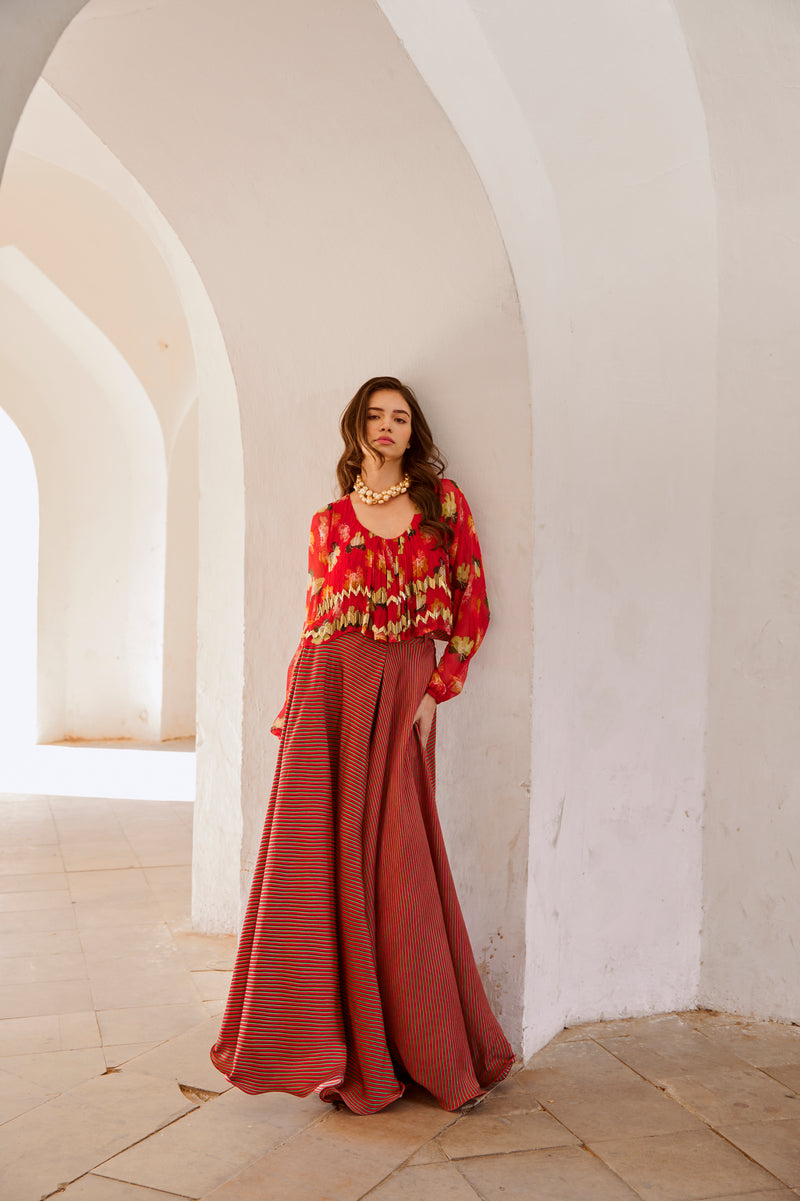 Gulbahar Chilly  poppy boho top with stripe skirt and belt set