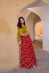 Gulbahar Bumble bee boho top with chilly red chiffon skirt set.