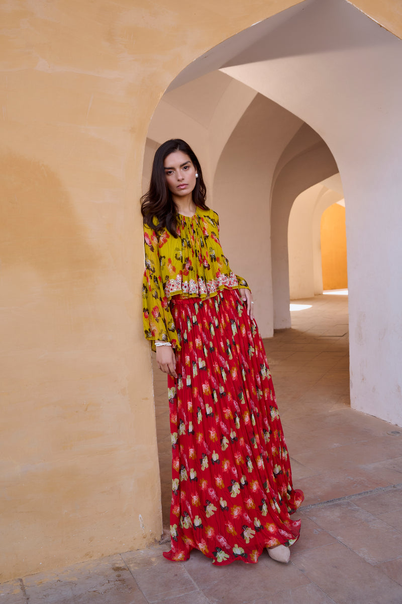 Gulbahar Bumble bee boho top with chilly red chiffon skirt set.