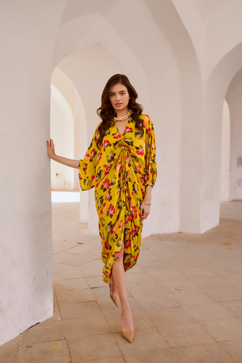 Gulbahar - Drawstring poppy kaftan dress