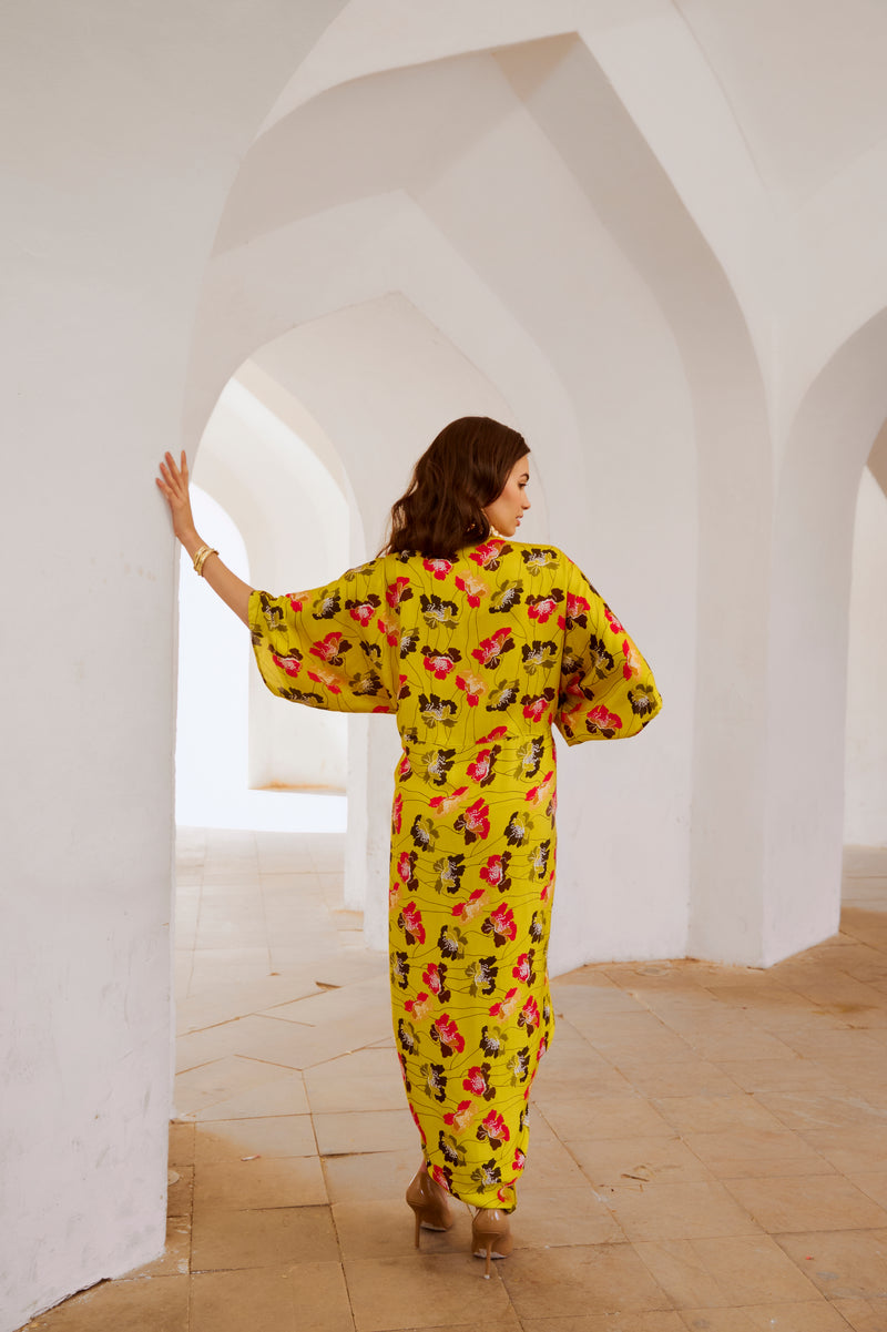 Gulbahar - Drawstring poppy kaftan dress