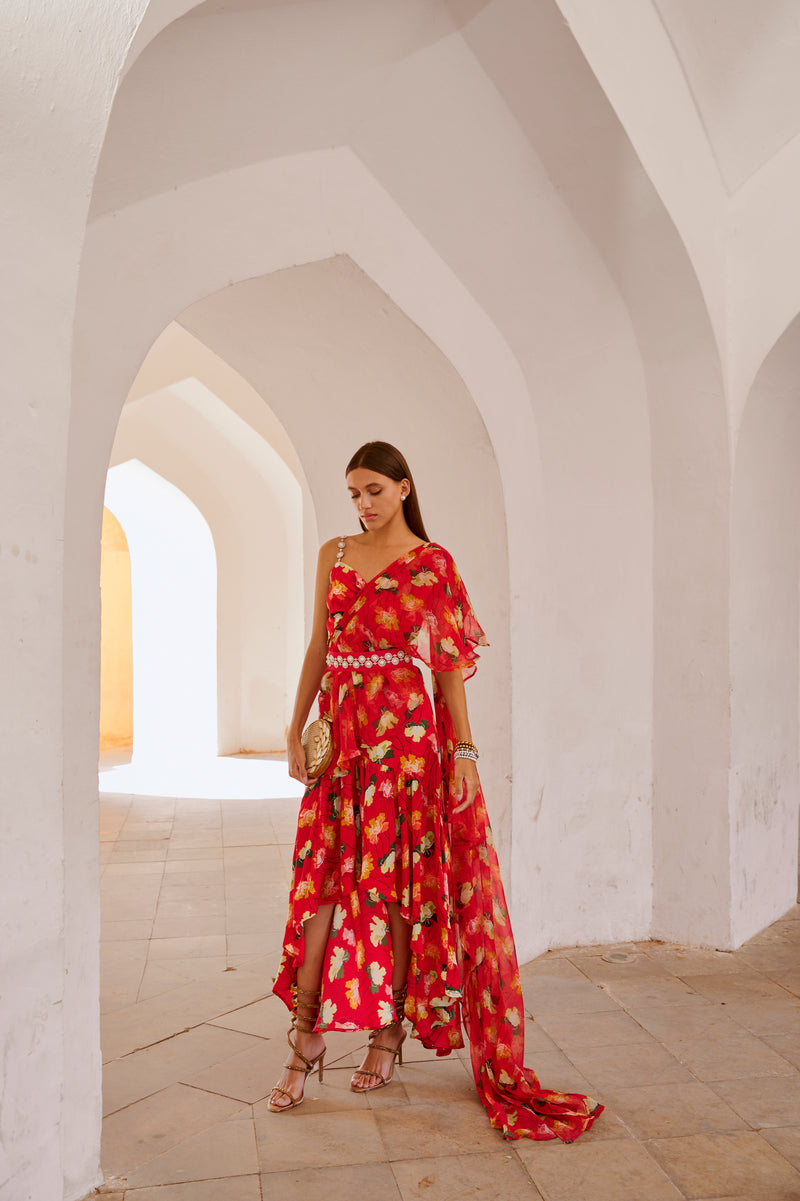 Chilly red poppy  gul dress drape saree with belt