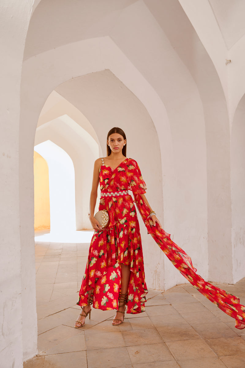 Chilly red poppy  gul dress drape saree with belt