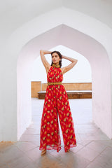 Gulbahar Chilly red bell jumpsuit with belt