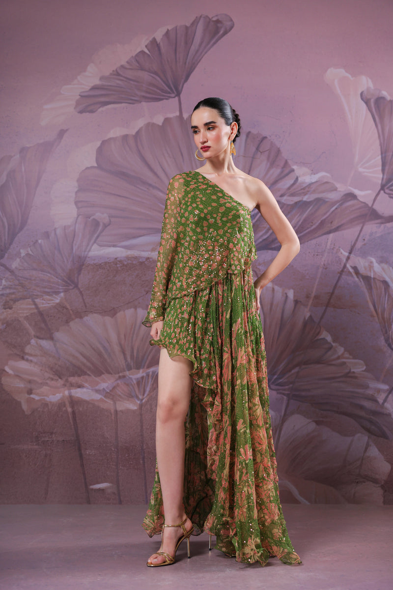 Avacado green marble palace 1 off shoulder maxi