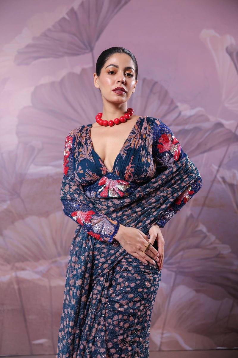 The prussian blue calcutta Jhilmil saree