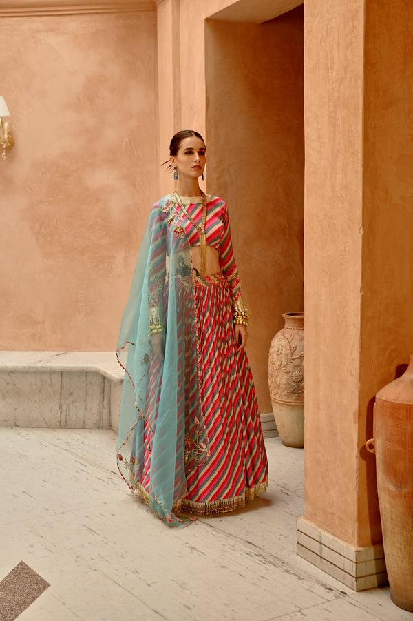 Hot pink indi-leheriya blouse with tassel lehenga and dupatta set