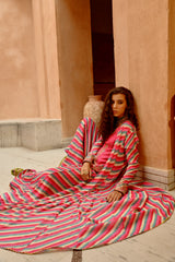 Hot pink Indie-leheriya magzi kali jacket and sharara with heritage kurti.