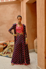 Multi colour Indi-leheriya kallidar jacket with sharara and scallop crop top