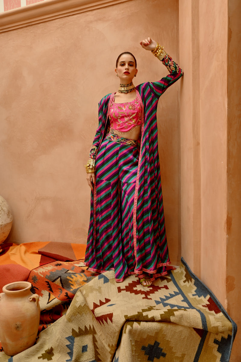 Multi colour Indi-leheriya kallidar jacket with sharara and scallop crop top