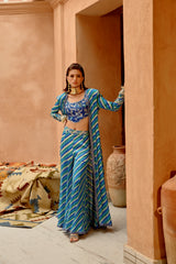 Blue Indi-leheriya kallidar jacket with sharara and scallop crop top