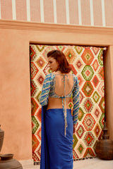 Cobalt blue drape saree with 'PRINCESS' blouse