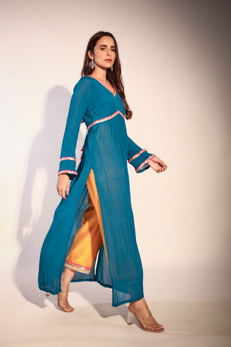 Haseena Teal blue and bright mustard color block kurta pant set