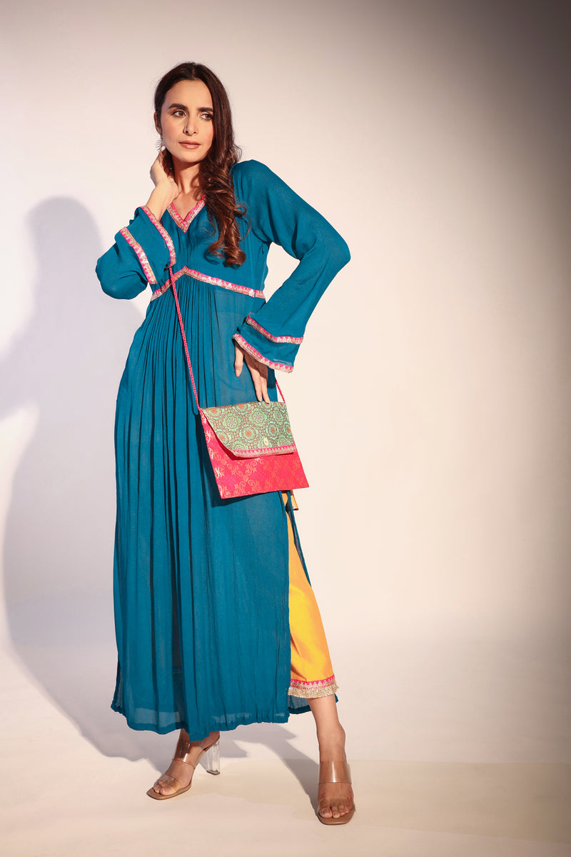 Haseena Teal blue and bright mustard color block kurta pant set