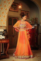 Dilruba bejewelled gotapatti bandeau blouse and sunset ombre lehenga and scalloped shrug set