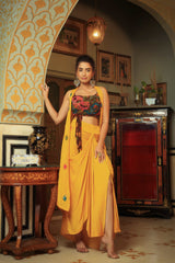 Dilruba coco brown yellow rangeen sitara tie up top with drape skirt cape set