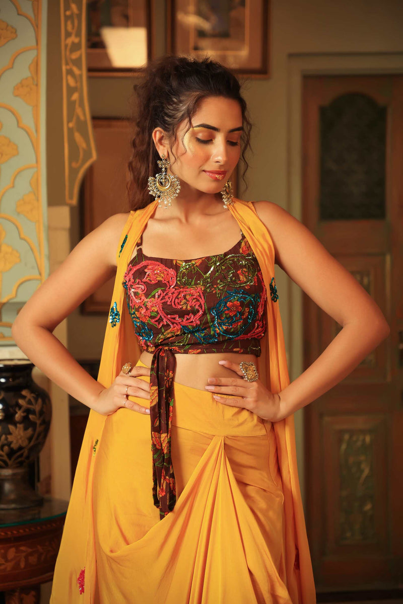 Dilruba coco brown yellow rangeen sitara tie up top with drape skirt cape set