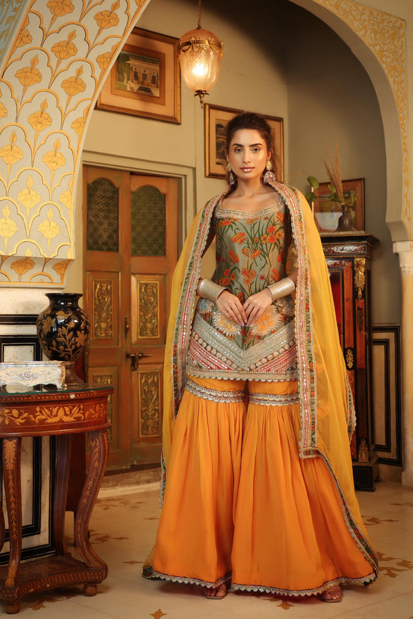 Dilruba bageecha kurta with volume sharara and dupatta