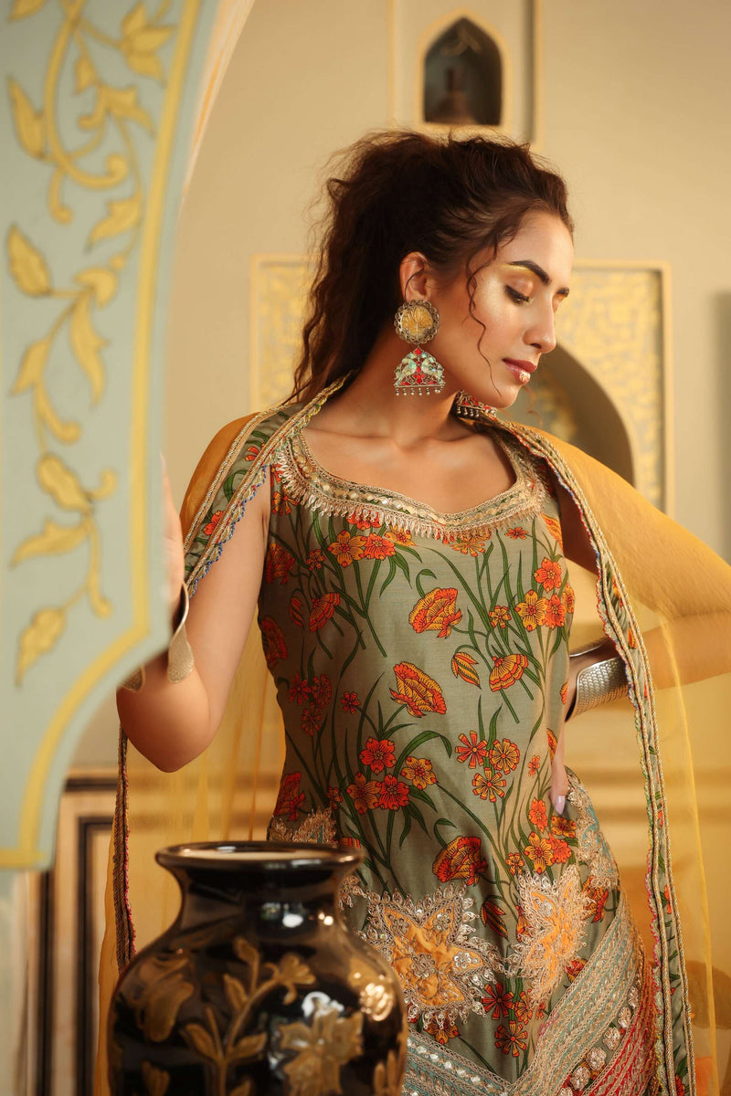 Dilruba bageecha kurta with volume sharara and dupatta