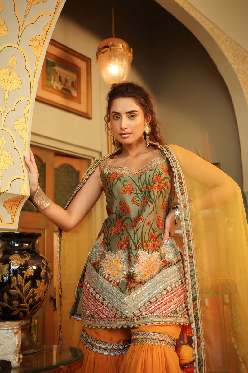 Dilruba bageecha kurta with volume sharara and dupatta