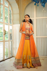 Dilruba narangi longline ruched jacket with  dilruba haseen lehenga and rangeen blouse set