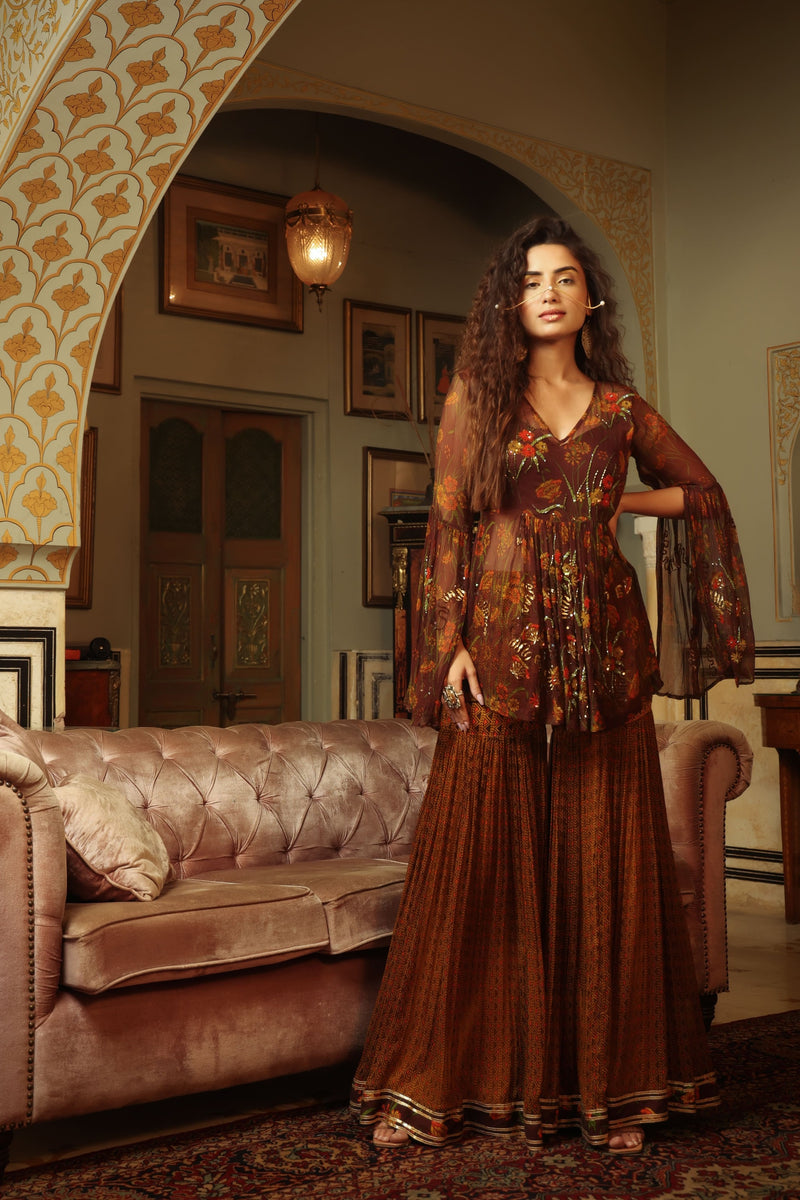 Dilruba Coco Dhaani Sequinned - Tunic Sharara set
