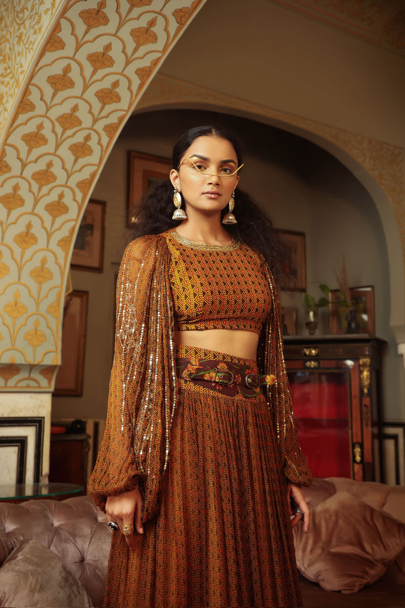 Dilruba trevron dhaani  balloon sleeve crop top with broad belt skirt