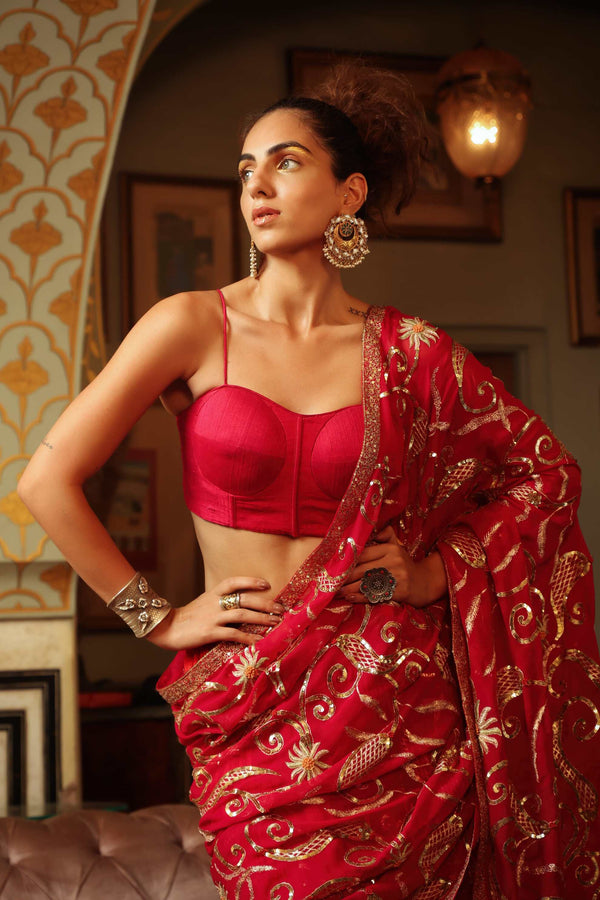 Dilruba rose red sitara saree with crush lehenga and corset blouse