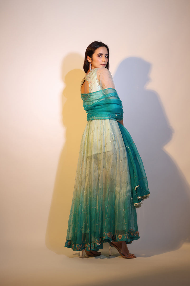 Haseena aqua green ombre organza anarkali set