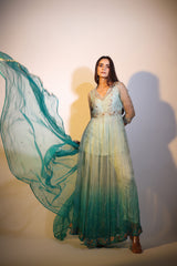 Haseena aqua green ombre organza anarkali set