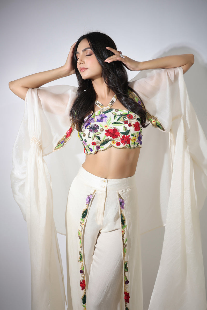 Haseena ivory cape & flutter pants set