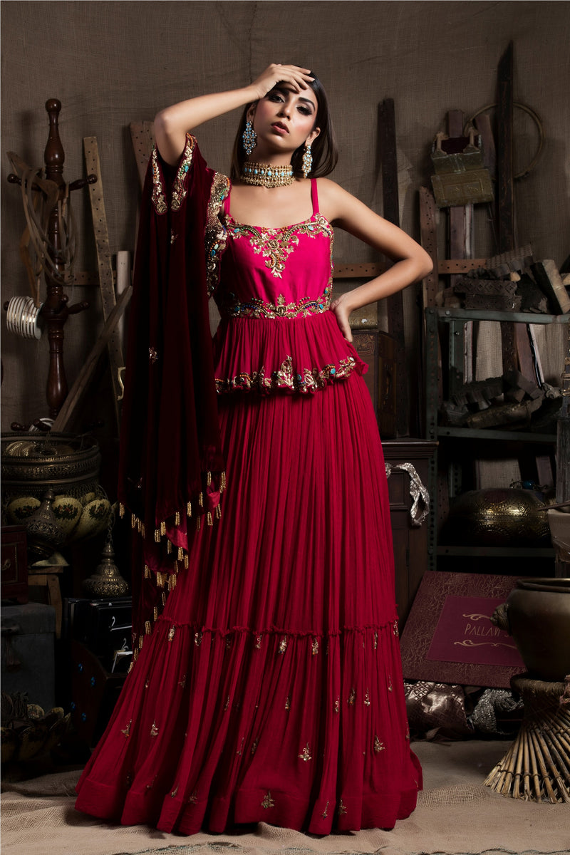 Red Embroidered Lehenga Set With Cape-Indian wear-Pallavi Jaipur