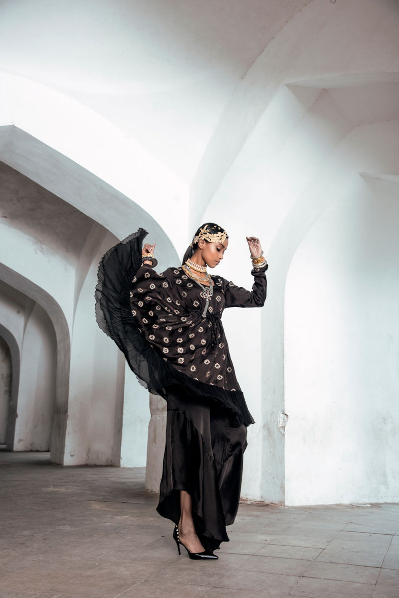 Black Kurta with Asymmetrical Pants-Indo Western-Pallavi Jaipur