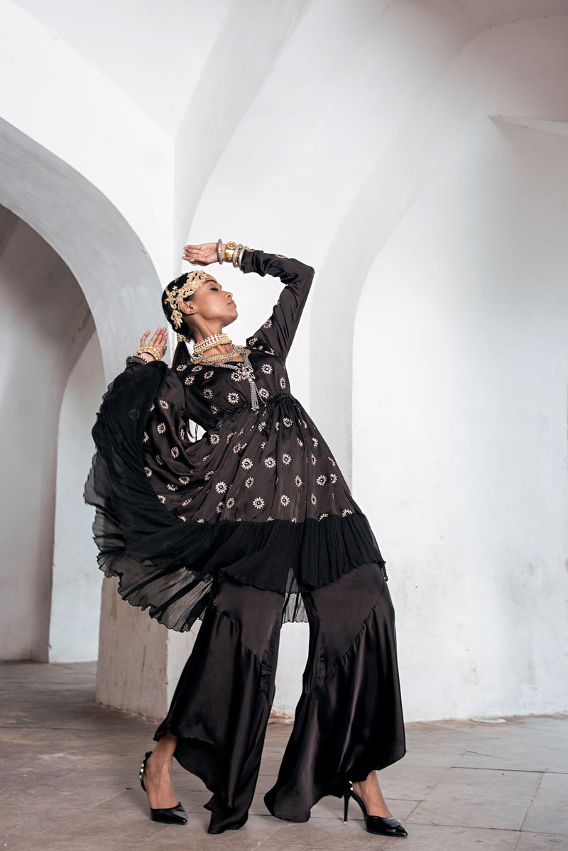 Black Kurta with Asymmetrical Pants-Indo Western-Pallavi Jaipur