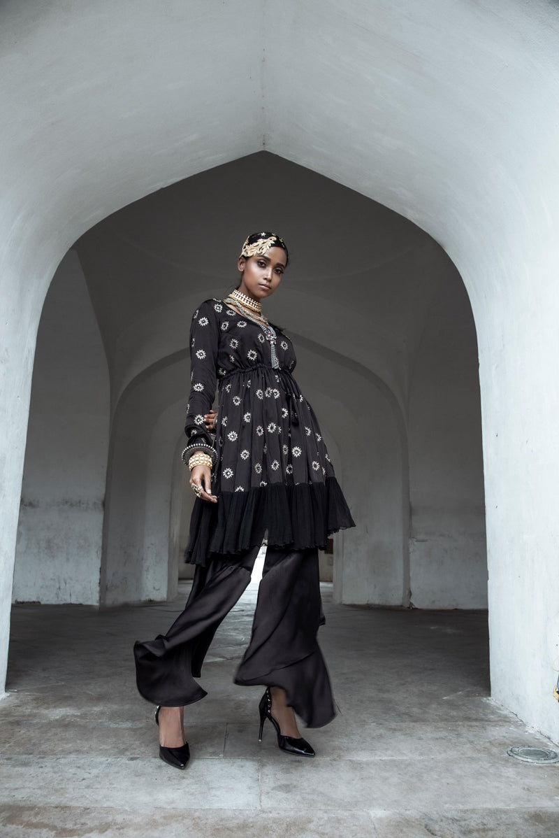 Black Kurta with Asymmetrical Pants-Indo Western-Pallavi Jaipur