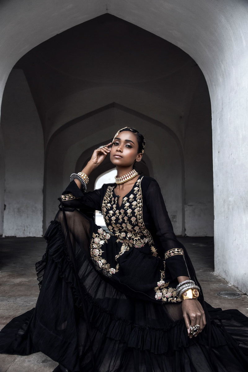 Tisca Chopra in Black Zardosi Layered Long Dress-Indian wear-Pallavi Jaipur