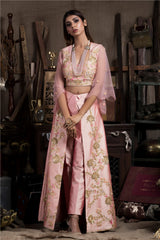 Pink Crop Top with Pants and Wrap Skirt-Indo Western-Pallavi Jaipur