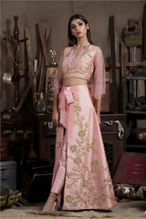 Pink Crop Top with Pants and Wrap Skirt-Indo Western-Pallavi Jaipur