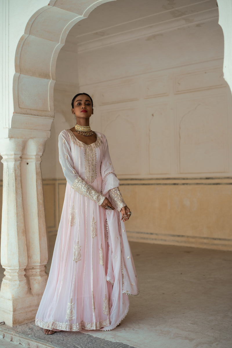 Powder Pink Embroidered Anarkali Set