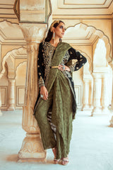 Dark Green Velvet Jacket and Saree Pant Set-Indian wear-Pallavi Jaipur