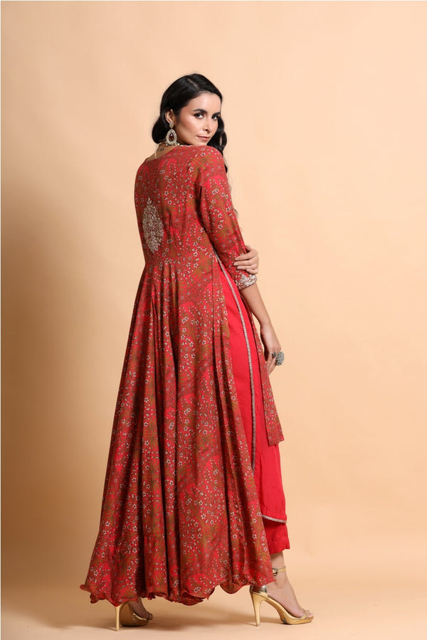 Red printed layered Kurta Palazzo Set