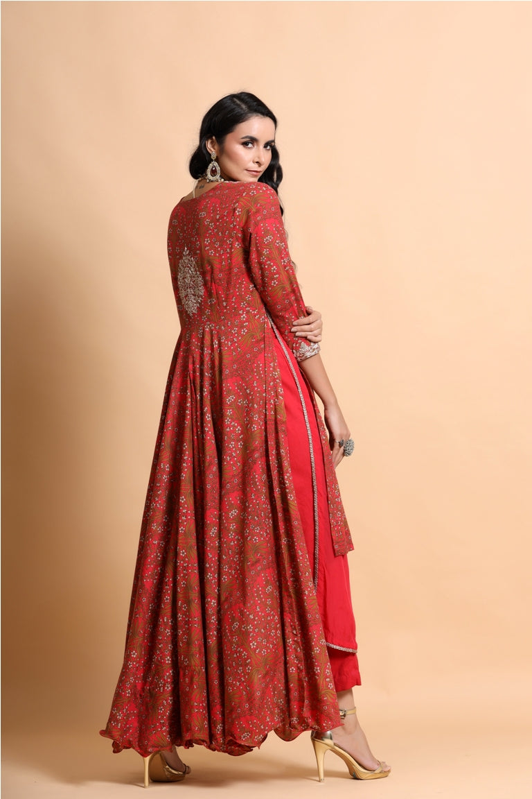 Red printed layered Kurta Palazzo Set