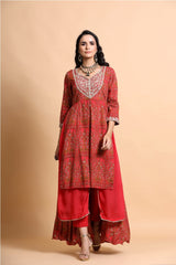 Red printed layered Kurta Palazzo Set