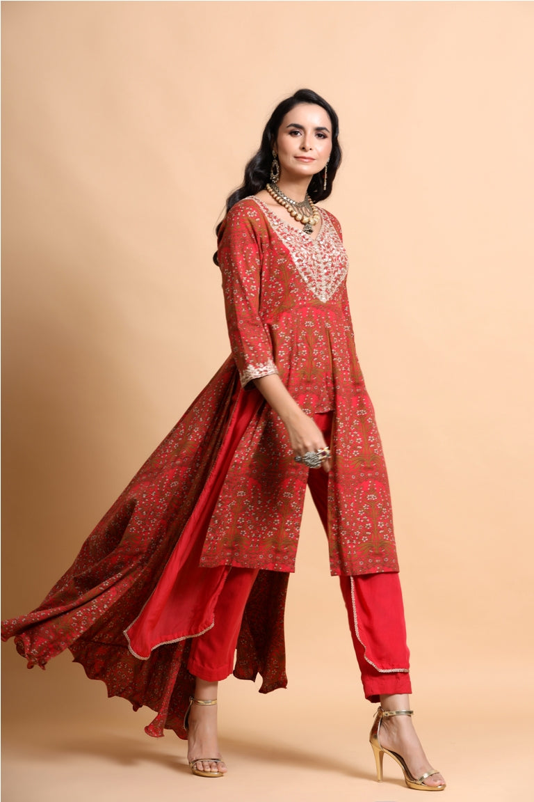 Red printed layered Kurta Palazzo Set